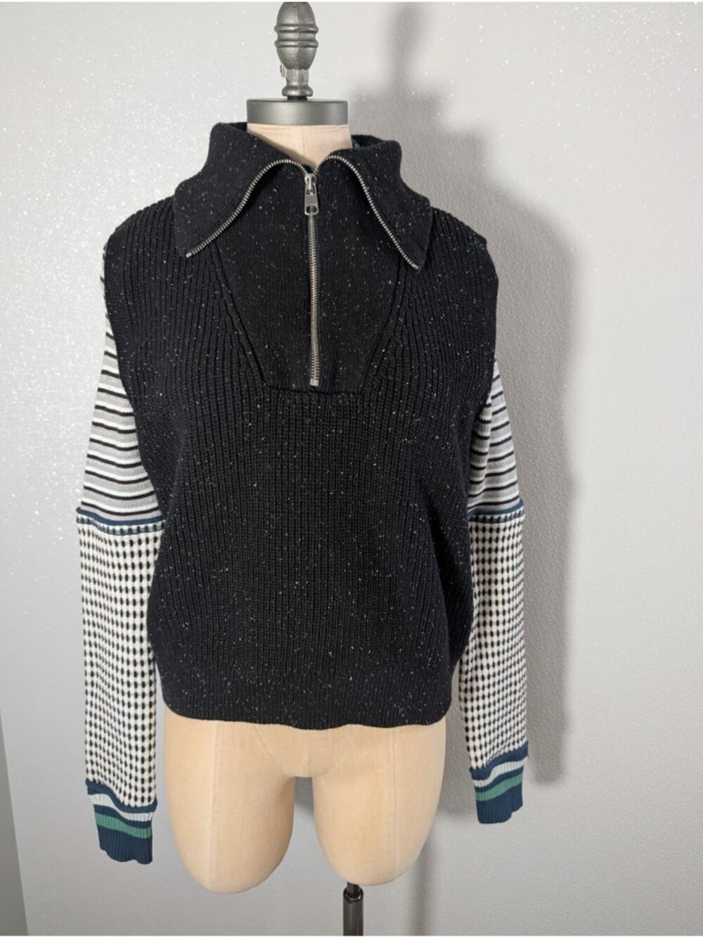 Varley Hally Half-Zip Rib Vest Black Speckled Knit Striped women's size L